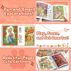 Little Explorer Search Book feature collage showing colorful hidden-object activity pages
