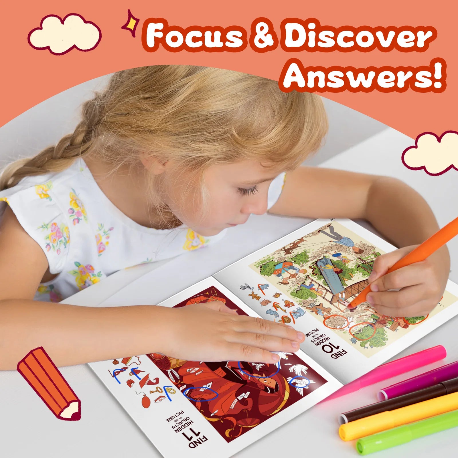 Little Explorer Search Book activity completed by a child using colorful markers