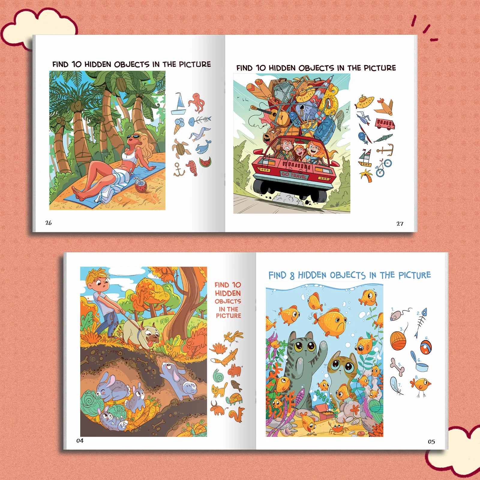 Little Explorer Search Book open pages with beach, travel, animal, and underwater searches