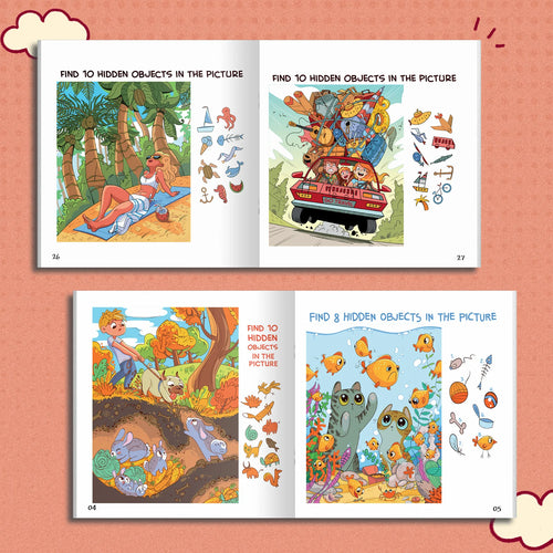 Little Explorer Search Book open pages with beach, travel, animal, and underwater searches