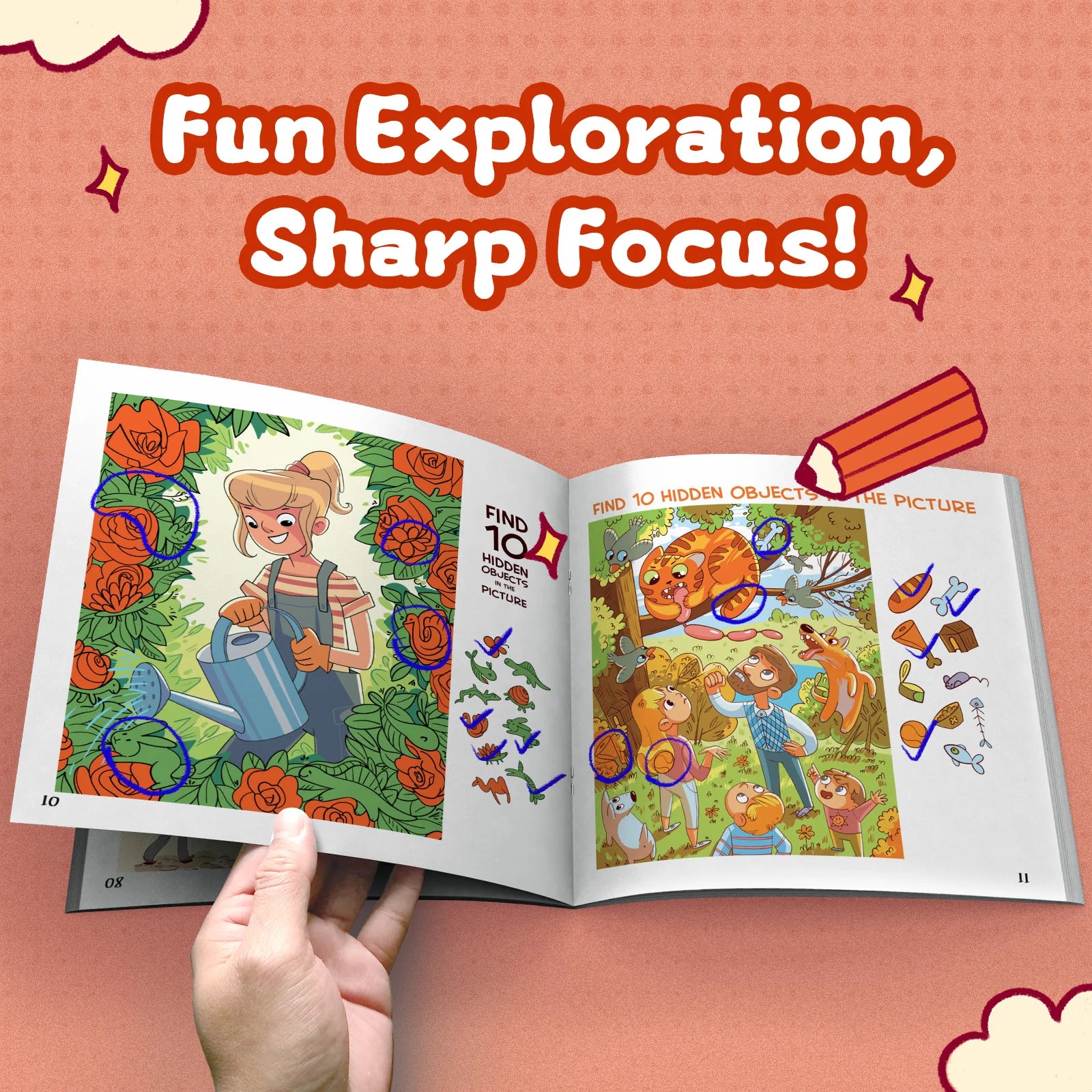 Little Explorer Search Book open to garden and forest scenes with circled hidden objects