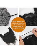 Long Fake Costume Beard detail collage showing the mustache opening, fabric backing and stretched elastic strap