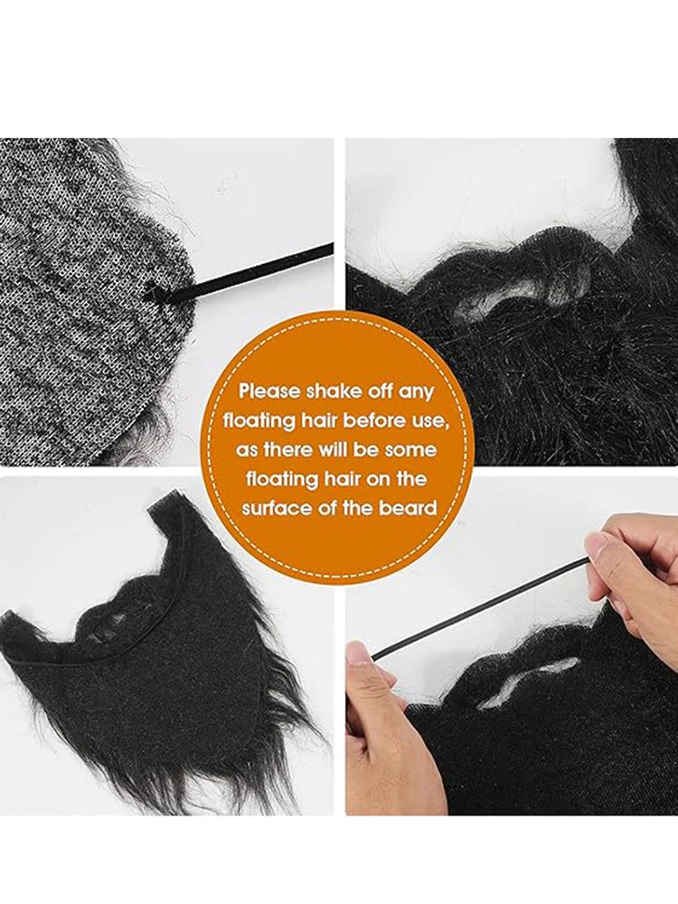 Long Fake Costume Beard detail collage showing the mustache opening, fabric backing and stretched elastic strap