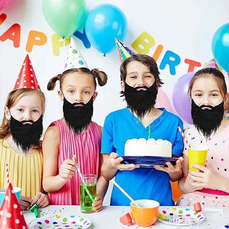 Long Fake Costume Beard in black worn by four children at a birthday party with balloons and cake