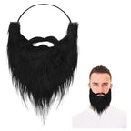 Long Fake Costume Beard in black with an attached mustache and elastic strap, beside a model wearing it