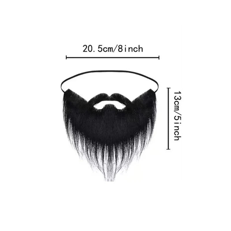 Long Fake Costume Beard measurement guide showing the black beard, elastic band and 20.5 by 13 cm dimensions