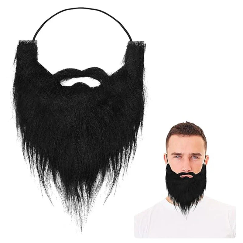Long Fake Costume Beard product view showing its black tapered fibers and a smaller wearing example