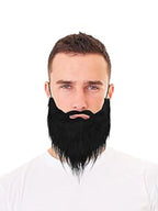 Long Fake Costume Beard front view worn by a man in a white shirt, showing the mustache and tapered shape
