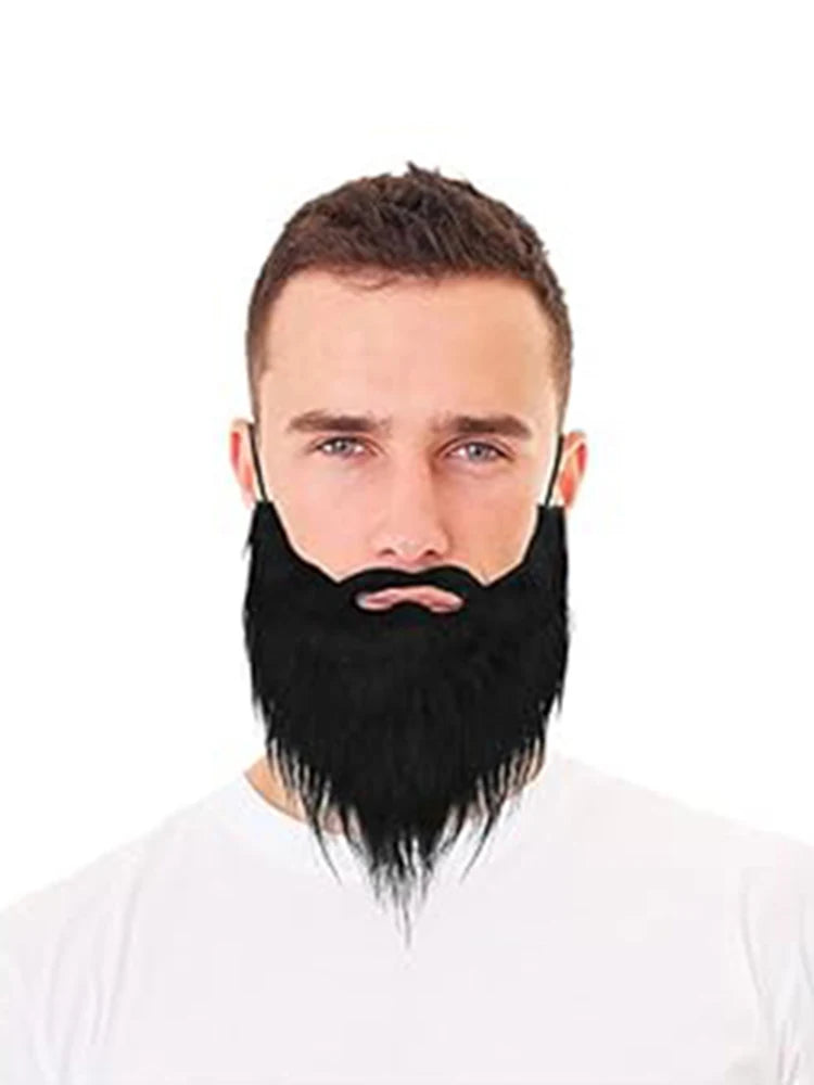 Long Fake Costume Beard front view worn by a man in a white shirt, showing the mustache and tapered shape