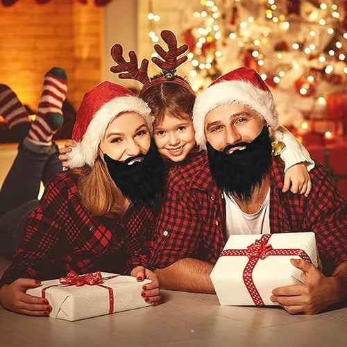 Long Fake Costume Beard worn by two adults in Santa hats posing with a child and wrapped Christmas gifts