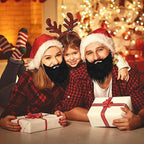 Long Fake Costume Beard Christmas scene with two bearded adults, a child and presents beside a lit tree