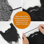 Long Fake Costume Beard close-ups of the backing and elastic band, with instructions to shake off loose fibers