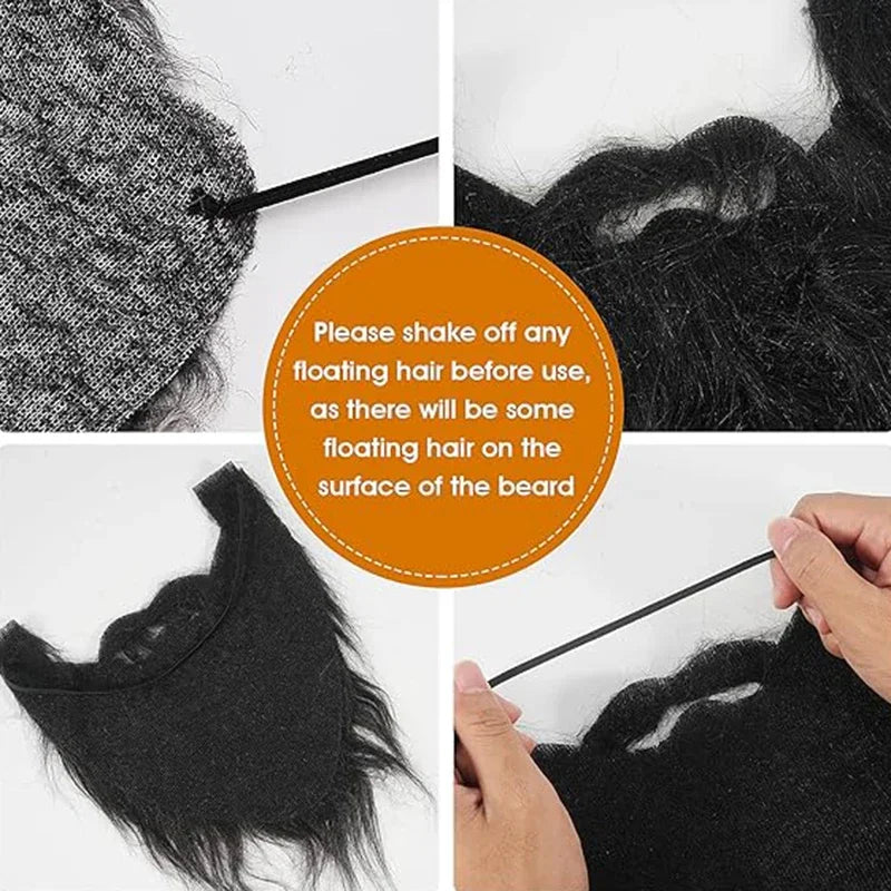 Long Fake Costume Beard close-ups of the backing and elastic band, with instructions to shake off loose fibers