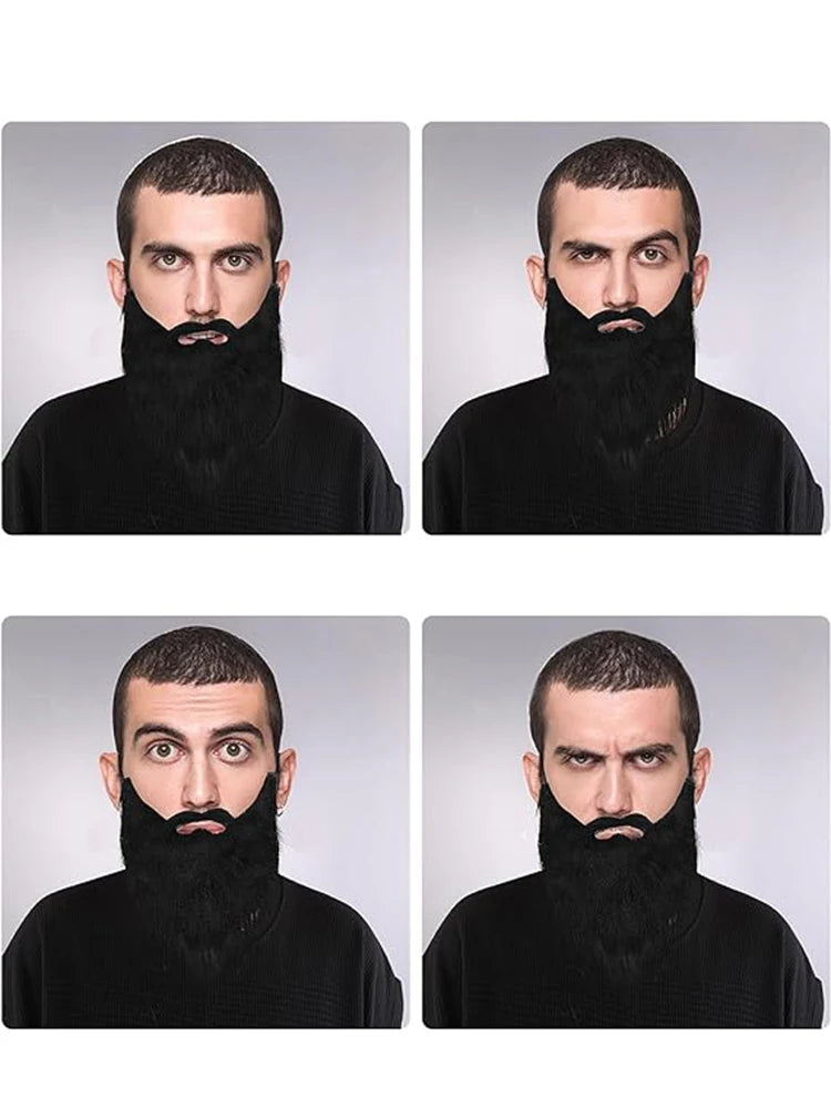 Long Fake Costume Beard in black shown on a man making four different expressions in a portrait collage