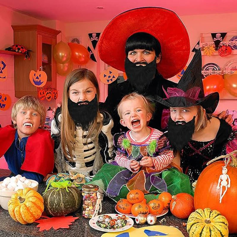Long Fake Costume Beard worn at a family Halloween party with witch hats, pumpkins and costume decorations