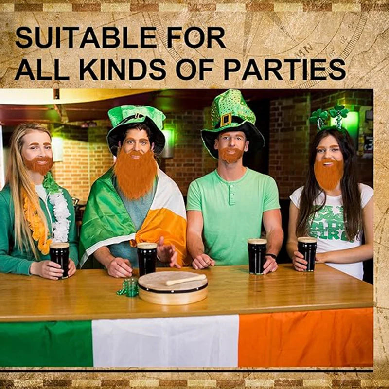 Long Fake Costume Beard party inspiration showing orange costume beards and green hats at an Irish-themed gathering