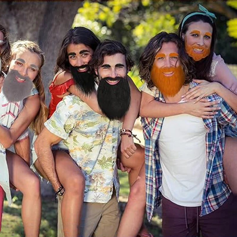 Long Fake Costume Beard outdoor party inspiration with friends wearing black, orange and gray costume beards