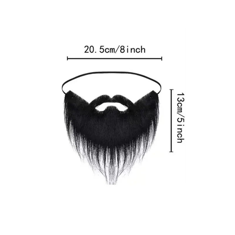 Long Fake Costume Beard size diagram labeled 20.5 cm wide and 13 cm high, with its elastic strap shown