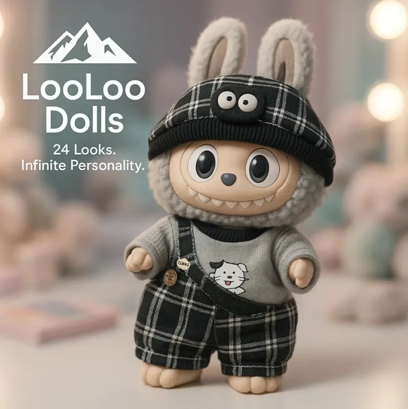 Labubu Dolls Collectible Set featuring a plush doll in plaid outfit and hat with bunny ears in soft indoor setting