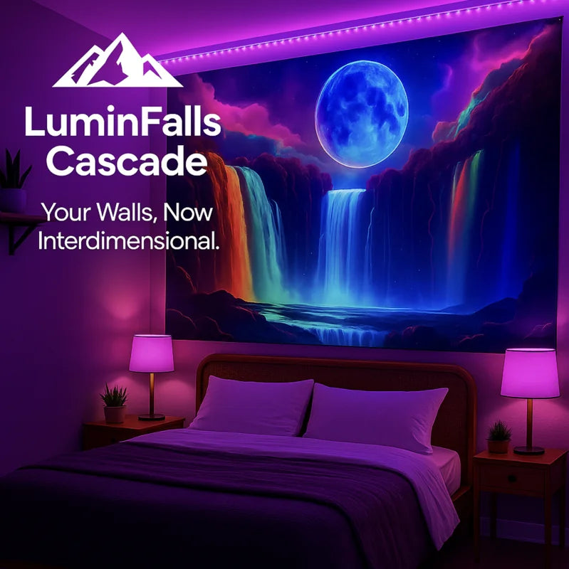 HighPeak LuminFalls Cascade tapestry glowing under LED lights above a bed with purple decor in a cozy bedroom setting
