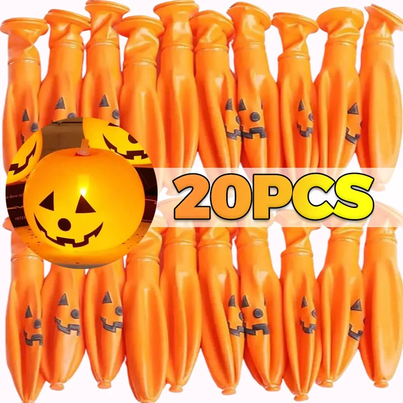 Luminous Halloween Balloons 20-pack shown uninflated with one glowing pumpkin balloon after setup
