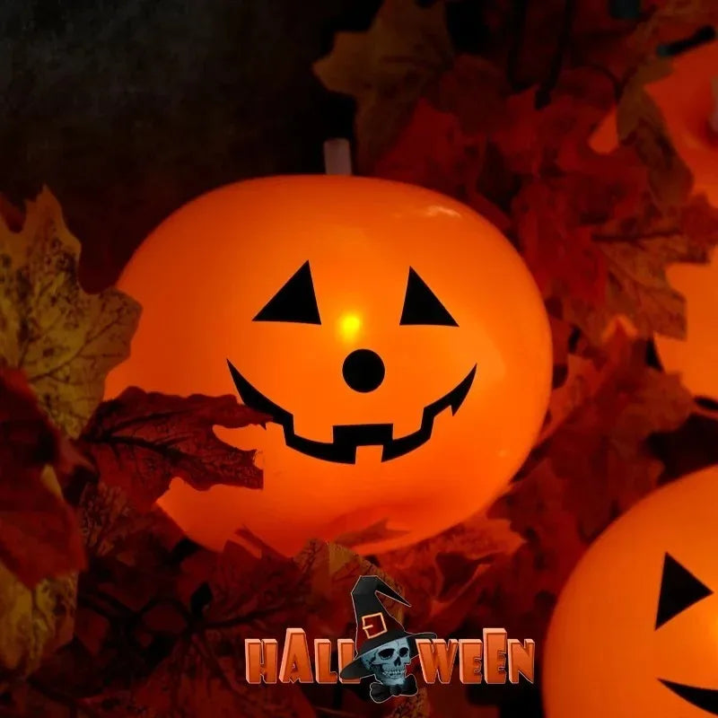 Luminous Halloween Balloons glowing orange among autumn leaves in a seasonal display