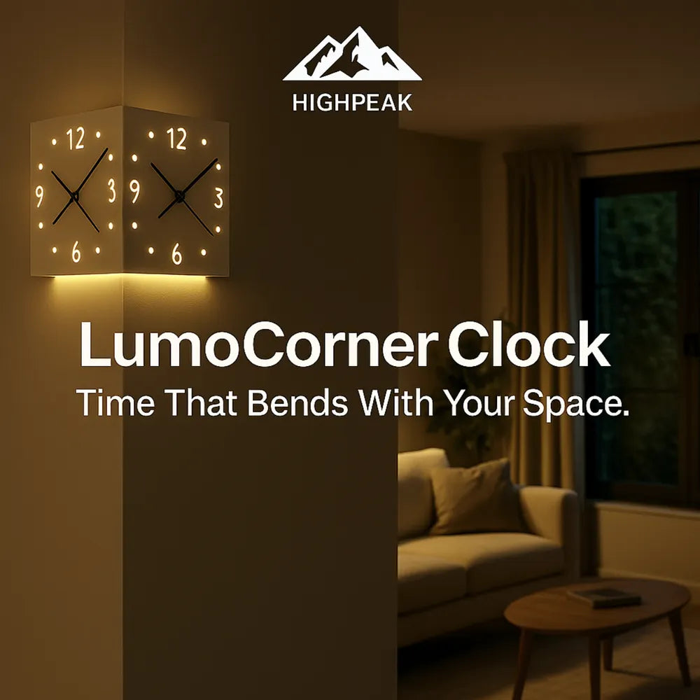 HighPeak LumoCorner Clock mounted on a wall corner with glowing dual faces in a modern living room setting