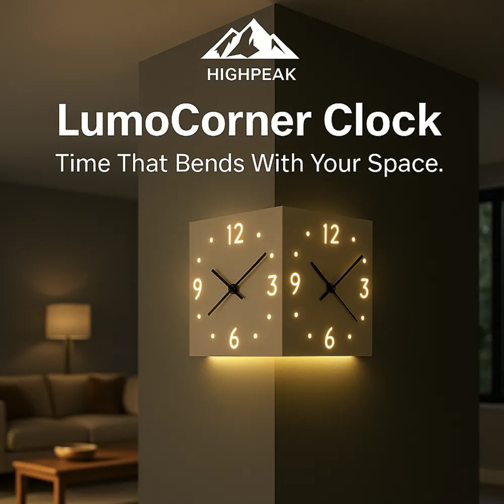 HighPeak LumoCorner Clock glowing softly in a dim room corner with dual faces and ambient backlight lighting.
