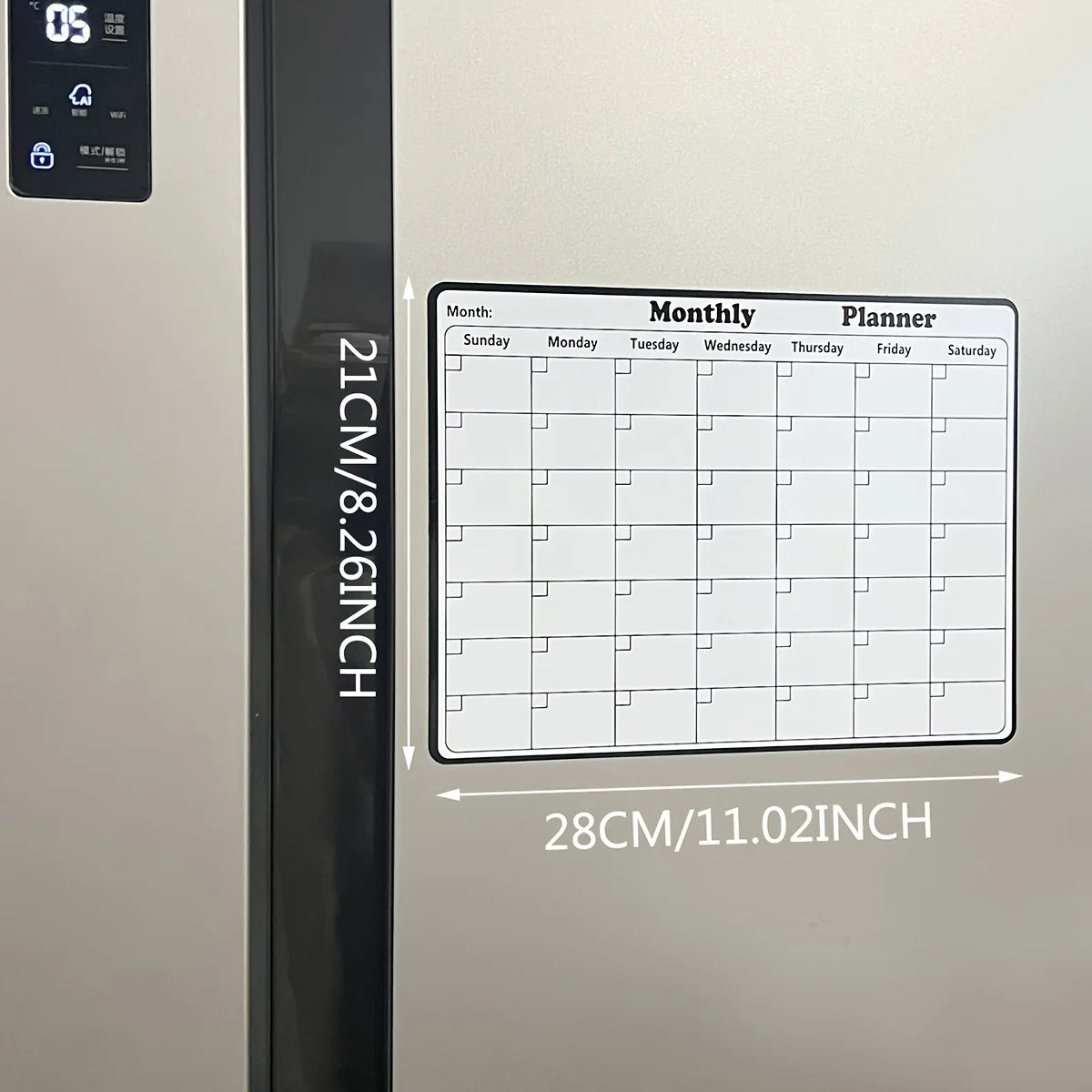 Magnetic Fridge Calendar size guide showing a width of 28 cm and height of 21 cm on a refrigerator.
