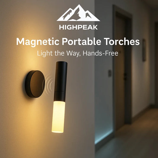 HighPeak Magnetic Portable Torch Lights in black, glowing in a dark hallway, magnetic motion-sensing hands-free lighting.
