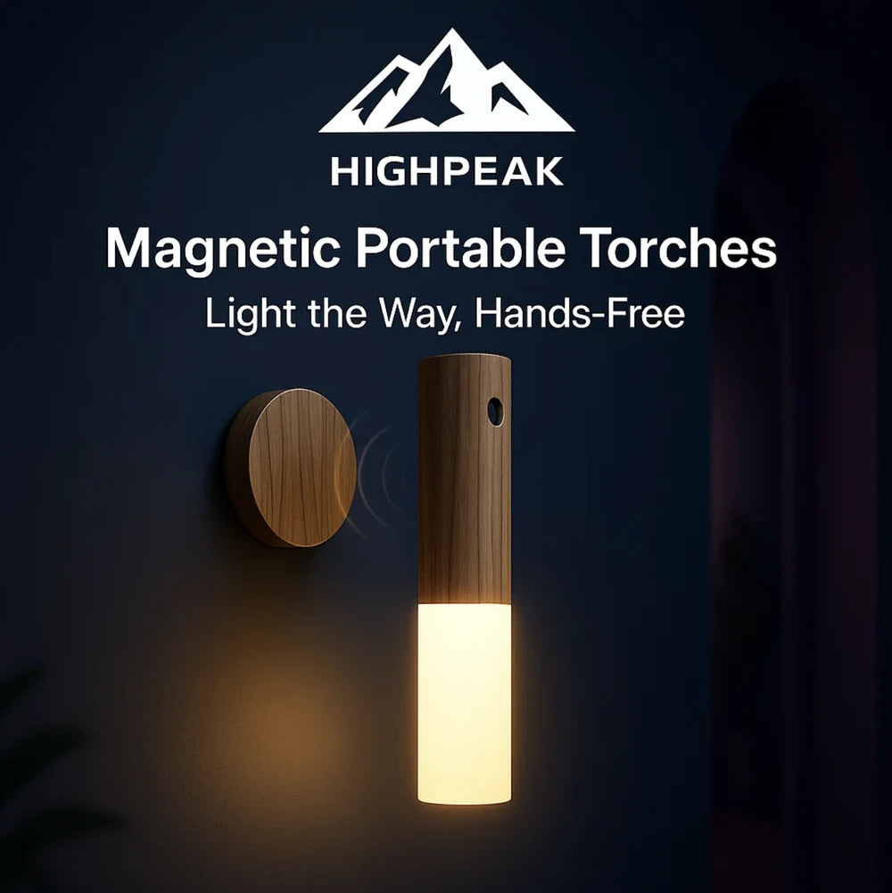 HighPeak Magnetic Portable Torch Lights in walnut finish with magnetic wall mount glowing hands-free at night
