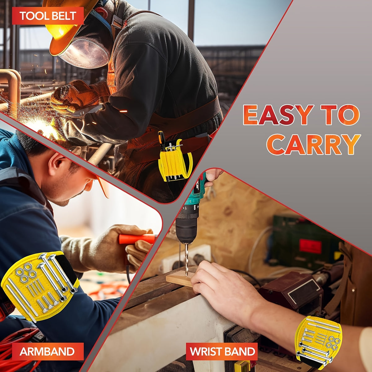 Magnetic Tool Wristband supplier collage showing belt, arm and wrist placement during workshop tasks