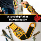 Magnetic Tool Wristband gift collage showing wrist use, magnetic storage and the open wrap beside tools