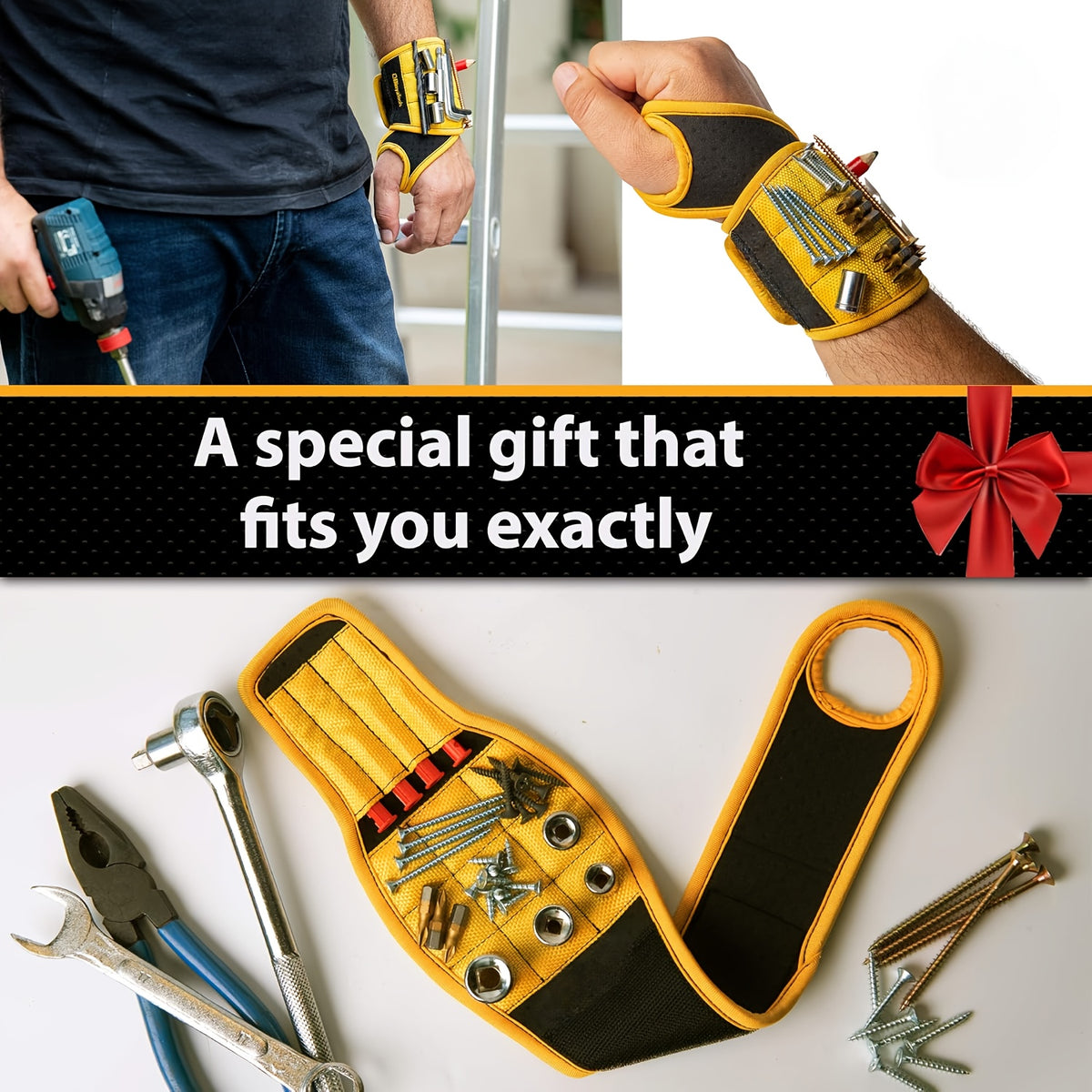 Magnetic Tool Wristband gift collage showing wrist use, magnetic storage and the open wrap beside tools