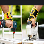 Magnetic Tool Wristband worn while using a drill and a jigsaw, with small hardware held near the wrist