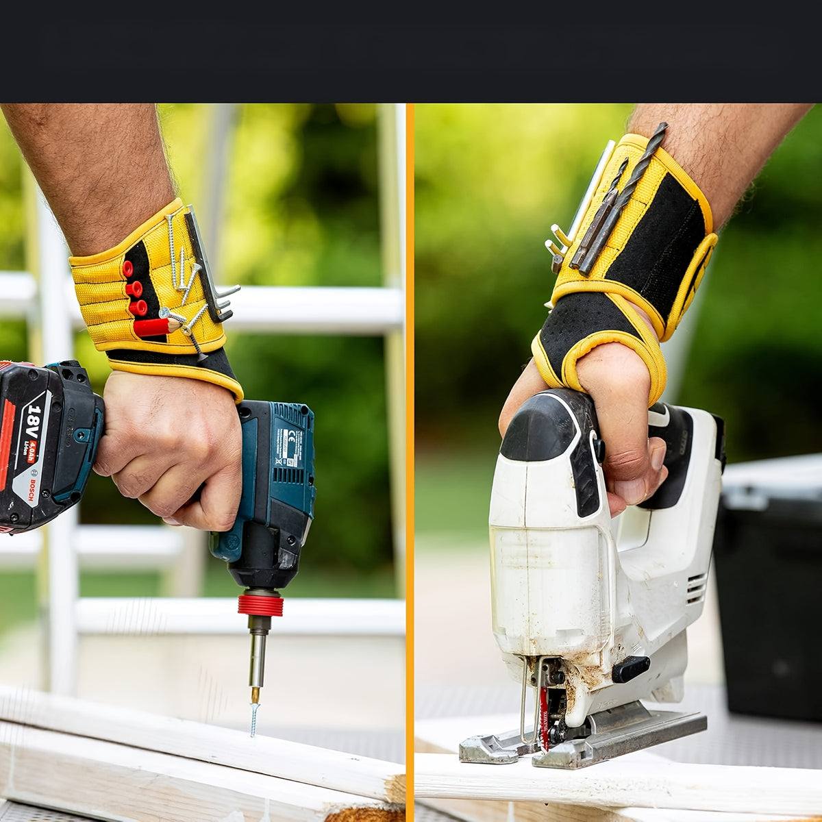 Magnetic Tool Wristband worn while using a drill and a jigsaw, with small hardware held near the wrist