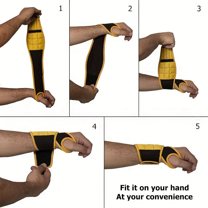 Magnetic Tool Wristband five-step fitting guide showing the thumb loop, wrist wrapping and adjustable fastening