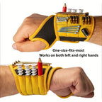 Magnetic Tool Wristband shown on both hands with screws on the magnetic panel and items in the pockets