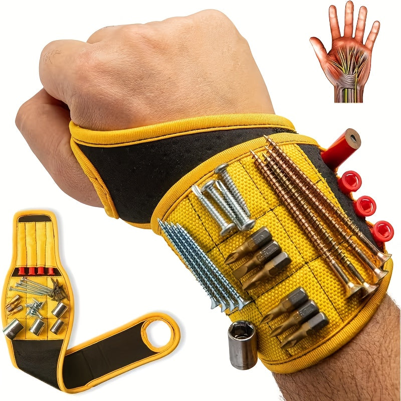 Magnetic Tool Wristband yellow wrap with a thumb loop and small hardware, beside an anatomical hand illustration