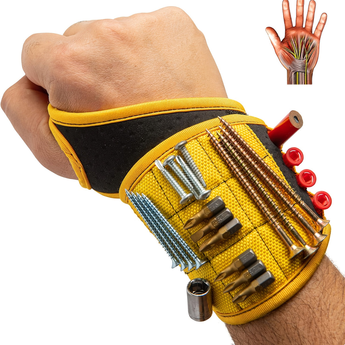 Magnetic Tool Wristband close-up of the yellow panel holding screws, driver bits and a socket, with pocket storage