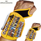 Magnetic Tool Wristband yellow and black on a wrist, holding rows of driver bits, screws and nuts