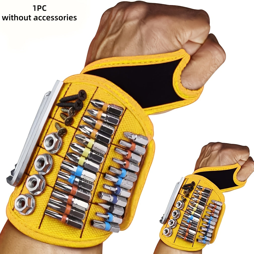 Magnetic Tool Wristband yellow and black on a wrist, holding rows of driver bits, screws and nuts