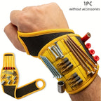 Magnetic Tool Wristband holding screws, driver bits and a socket, with a pencil in a pocket and a flat-view inset