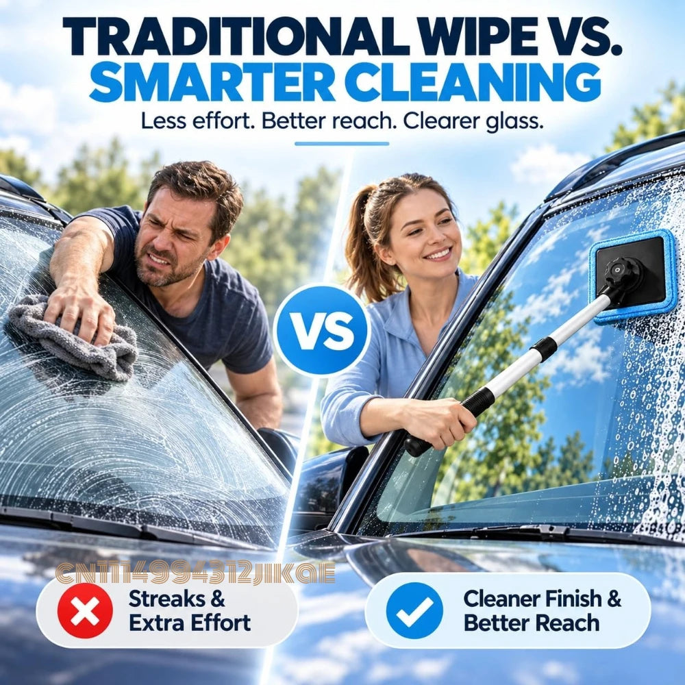 Magnetic Windshield Cleaning Kit comparison of wiping by hand and using the extendable cleaning handle