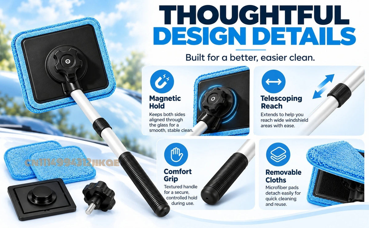 Magnetic Windshield Cleaning Kit showing the telescoping arm, textured grip and removable cleaning cloths