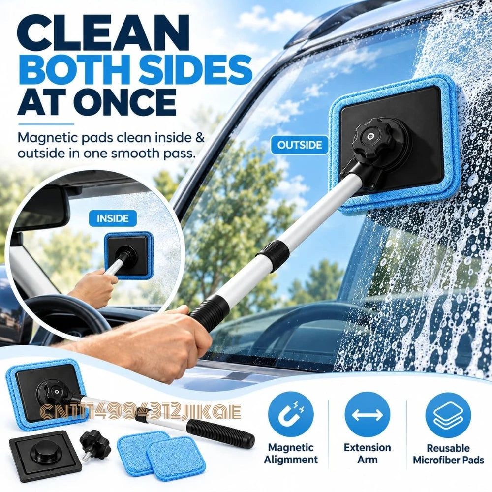 Magnetic Windshield Cleaning Kit showing magnetic pads aligned inside and outside a soapy windshield
