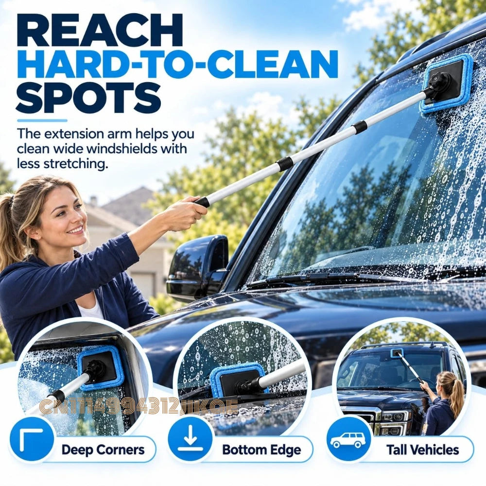Magnetic Windshield Cleaning Kit reaching the upper windshield, corners and bottom edge of a vehicle