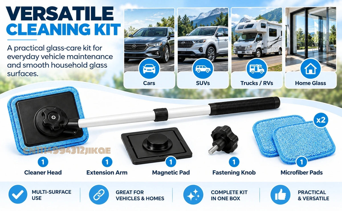 Magnetic Windshield Cleaning Kit parts layout with cleaning head, extension arm, magnetic pad, knob and cloths