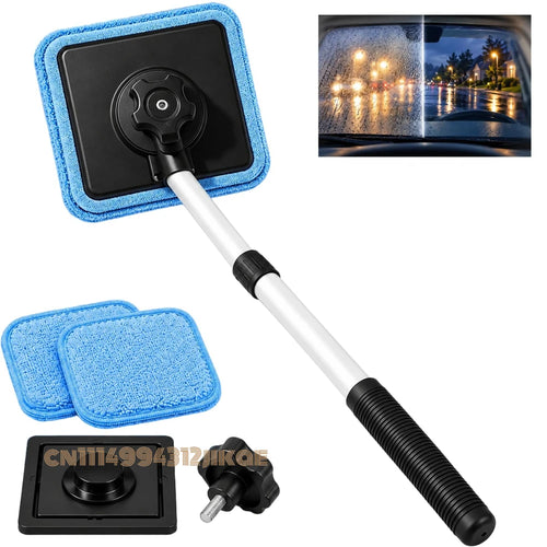 Magnetic Windshield Cleaning Kit with extendable handle, blue microfiber pads, magnetic head and fastening knob