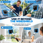 Magnetic Windshield Cleaning Kit shown cleaning a windshield, side window, home window and mirror